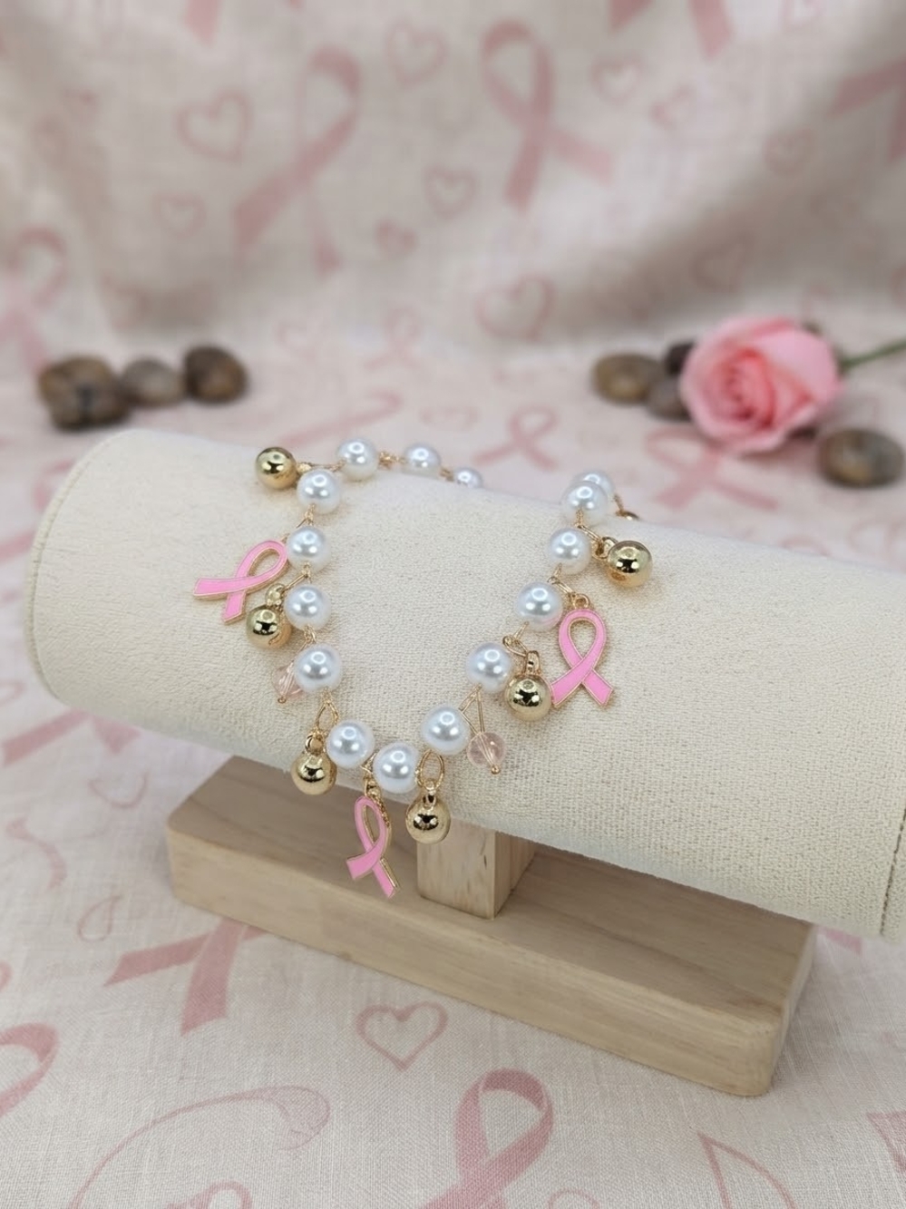 Gold & Pearl Bracelet with Pink Ribbon Charms